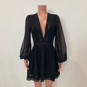 VANILLA BAY Black Deep V Neck Lantern Sleeve A Line Mini Dress 3D Polka Dots S